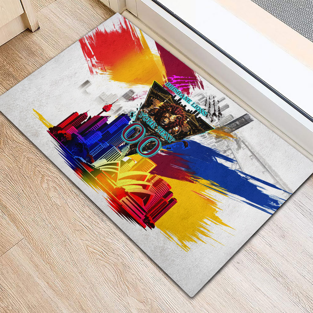 Personalised Brisbane Lions Football Rubber Doormat Australia City Skyline Graphic Fierce Mascot Art