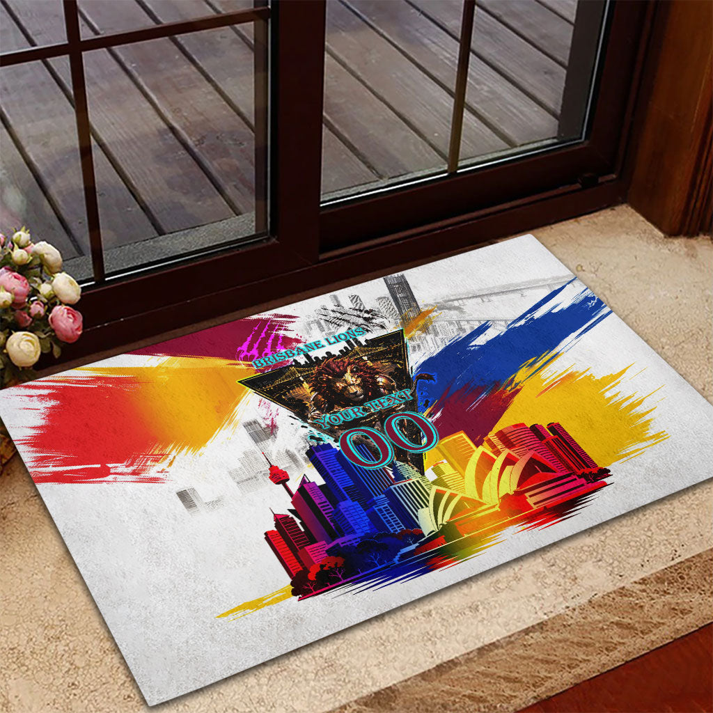 Personalised Brisbane Lions Football Rubber Doormat Australia City Skyline Graphic Fierce Mascot Art