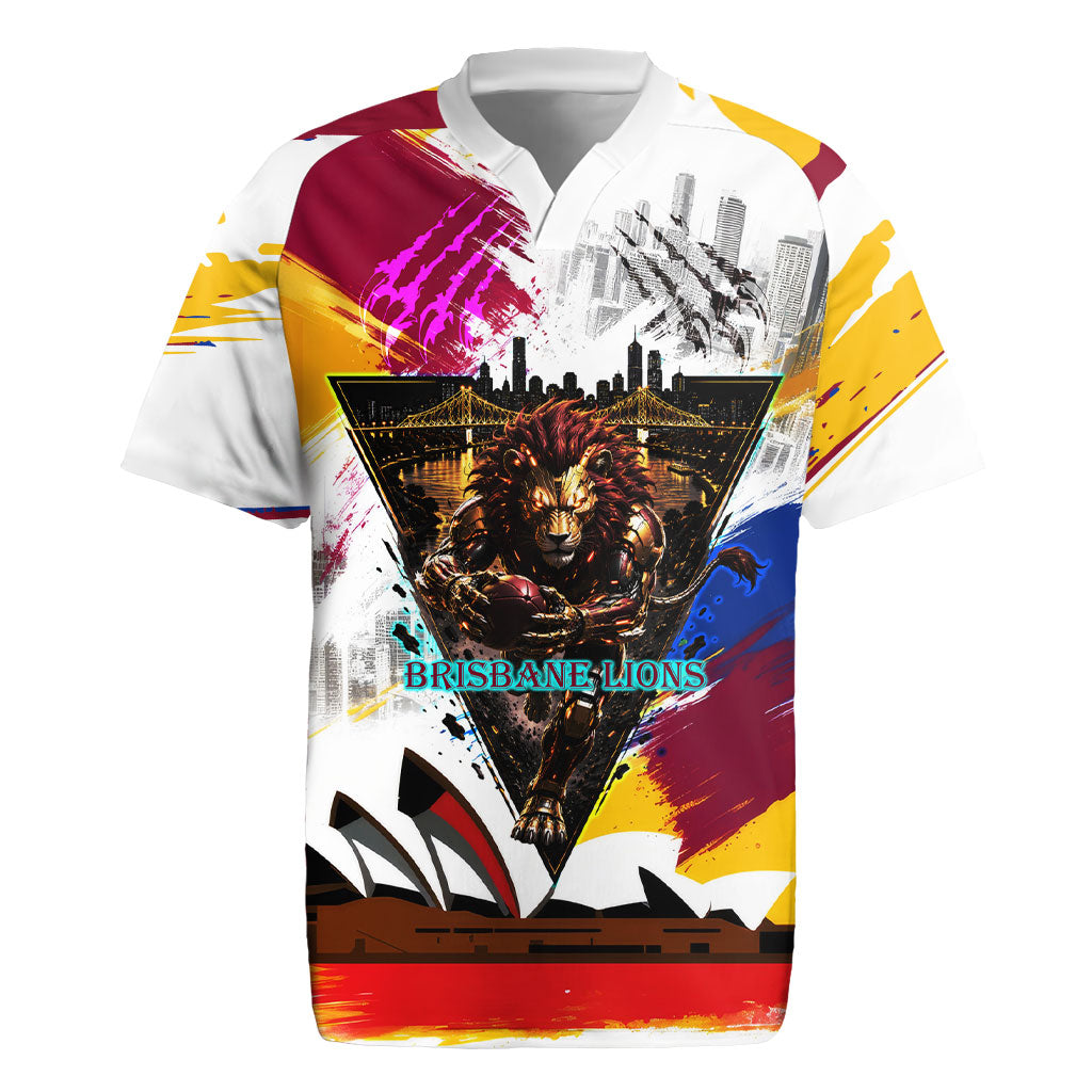 Personalised Brisbane Lions Football Rugby Jersey Australia City Skyline Graphic Fierce Mascot Art