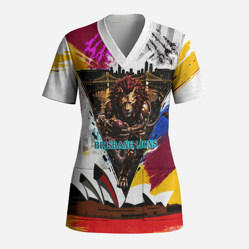 Personalised Brisbane Lions Football Scrub Top Australia City Skyline Graphic Fierce Mascot Art