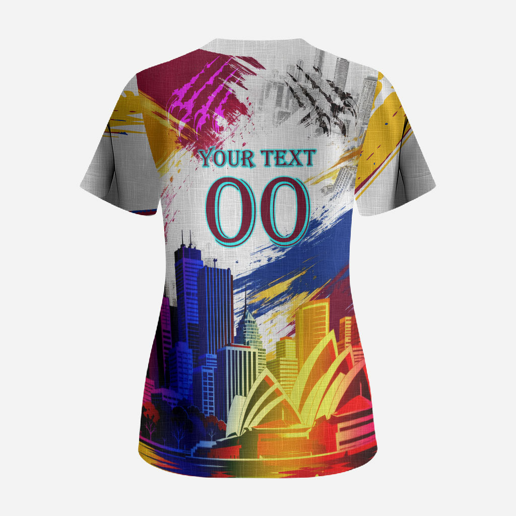 Personalised Brisbane Lions Football Scrub Top Australia City Skyline Graphic Fierce Mascot Art