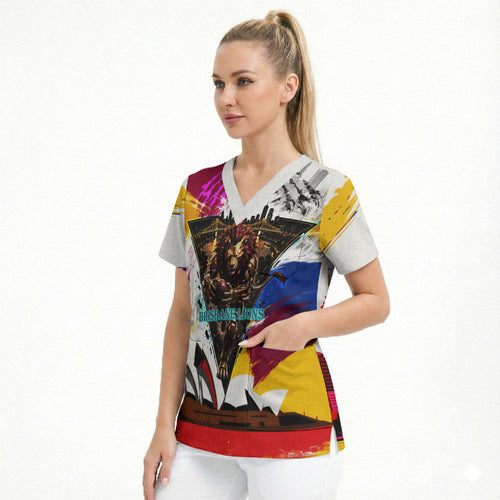 Personalised Brisbane Lions Football Scrub Top Australia City Skyline Graphic Fierce Mascot Art