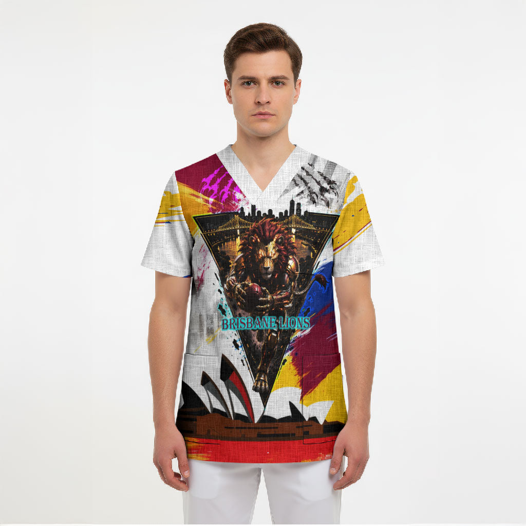Personalised Brisbane Lions Football Scrub Top Australia City Skyline Graphic Fierce Mascot Art