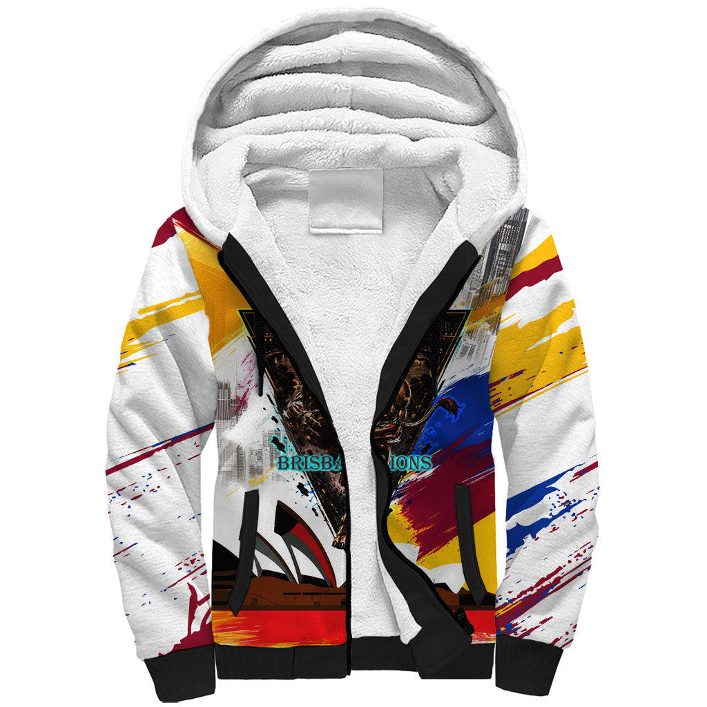 Personalised Brisbane Lions Football Sherpa Hoodie Australia City Skyline Graphic Fierce Mascot Art