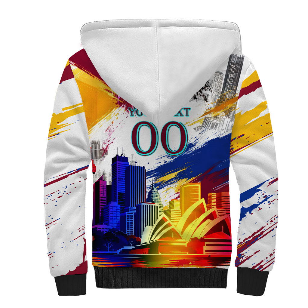 Personalised Brisbane Lions Football Sherpa Hoodie Australia City Skyline Graphic Fierce Mascot Art