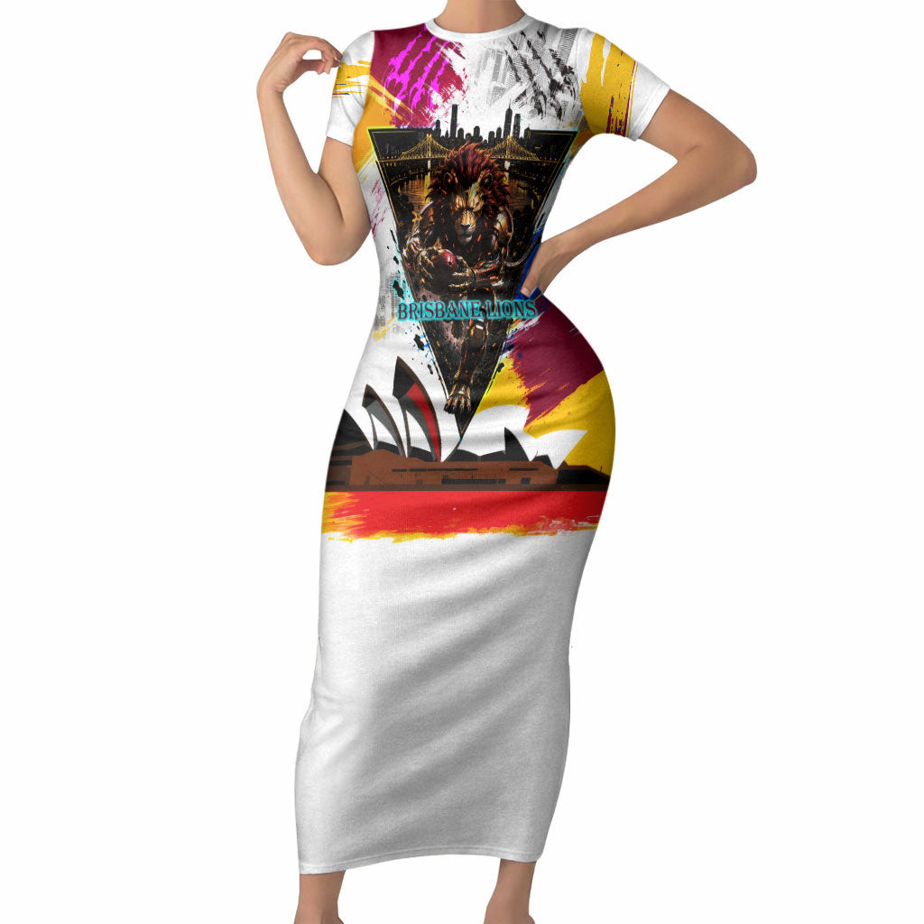 Personalised Brisbane Lions Football Short Sleeve Bodycon Dress Australia City Skyline Graphic Fierce Mascot Art