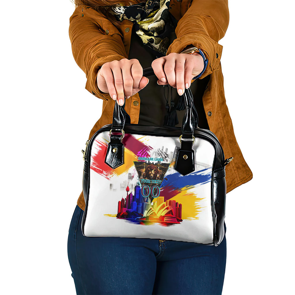 Personalised Brisbane Lions Football Shoulder Handbag Australia City Skyline Graphic Fierce Mascot Art