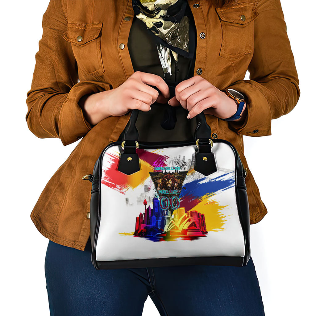 Personalised Brisbane Lions Football Shoulder Handbag Australia City Skyline Graphic Fierce Mascot Art