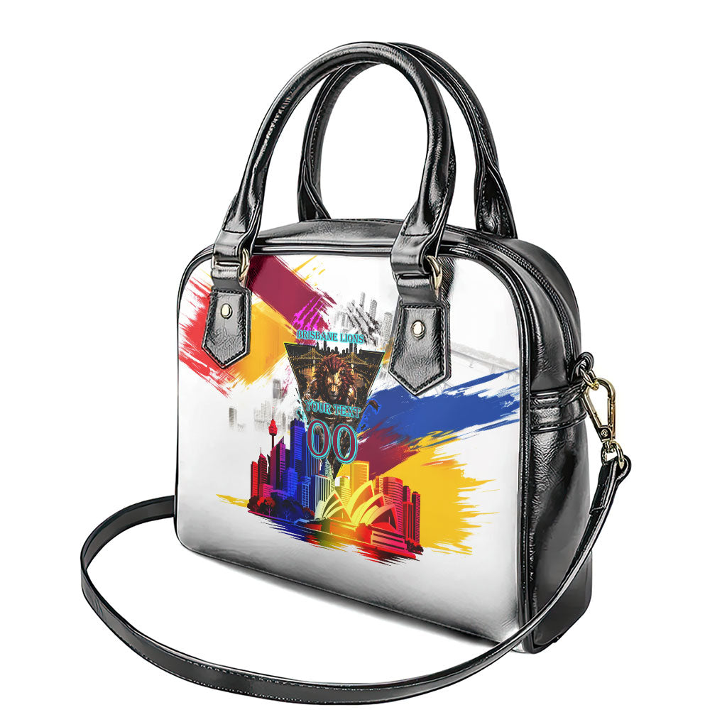 Personalised Brisbane Lions Football Shoulder Handbag Australia City Skyline Graphic Fierce Mascot Art