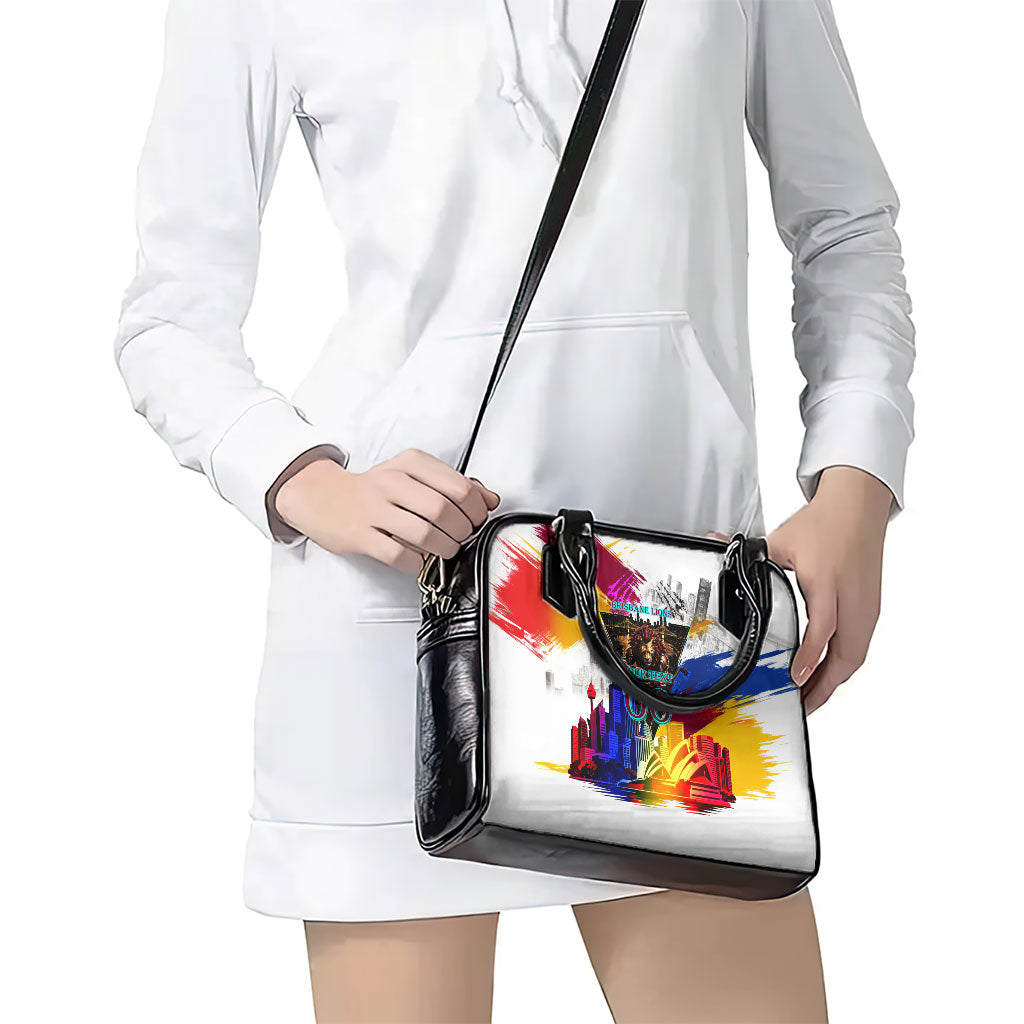 Personalised Brisbane Lions Football Shoulder Handbag Australia City Skyline Graphic Fierce Mascot Art