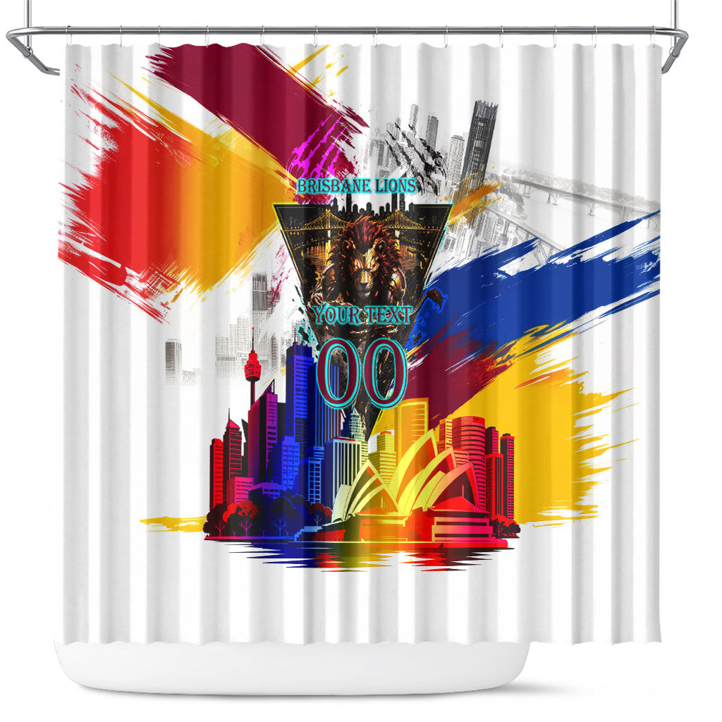 Personalised Brisbane Lions Football Shower Curtain Australia City Skyline Graphic Fierce Mascot Art