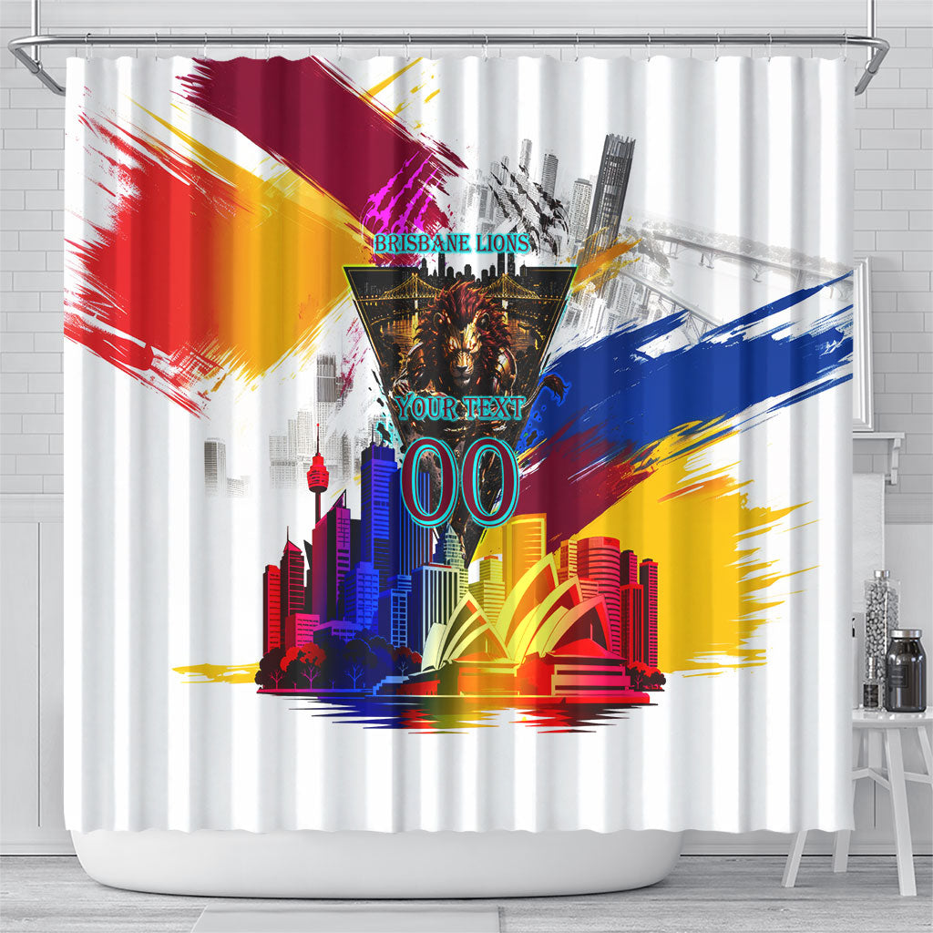 Personalised Brisbane Lions Football Shower Curtain Australia City Skyline Graphic Fierce Mascot Art