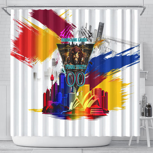 Personalised Brisbane Lions Football Shower Curtain Australia City Skyline Graphic Fierce Mascot Art