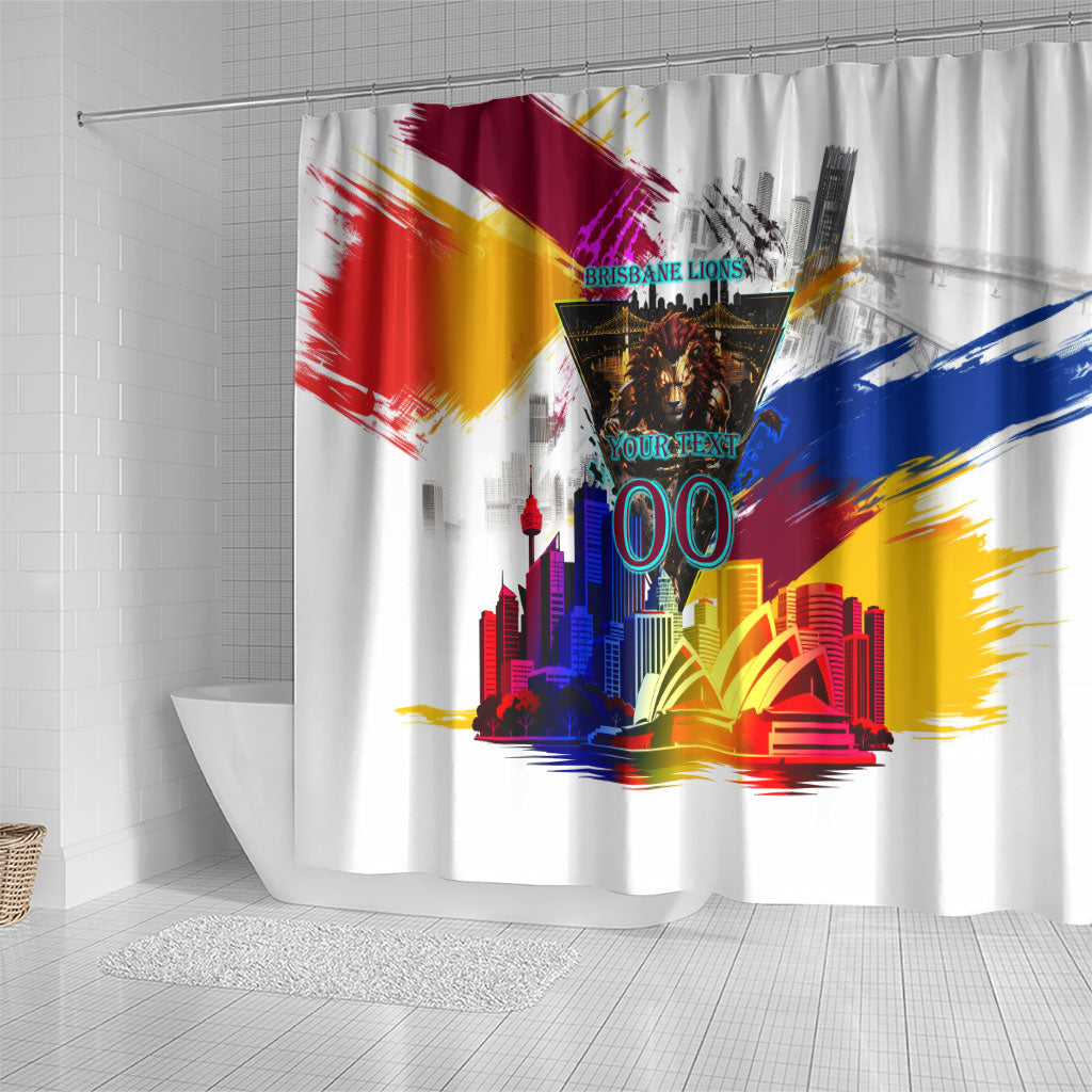 Personalised Brisbane Lions Football Shower Curtain Australia City Skyline Graphic Fierce Mascot Art