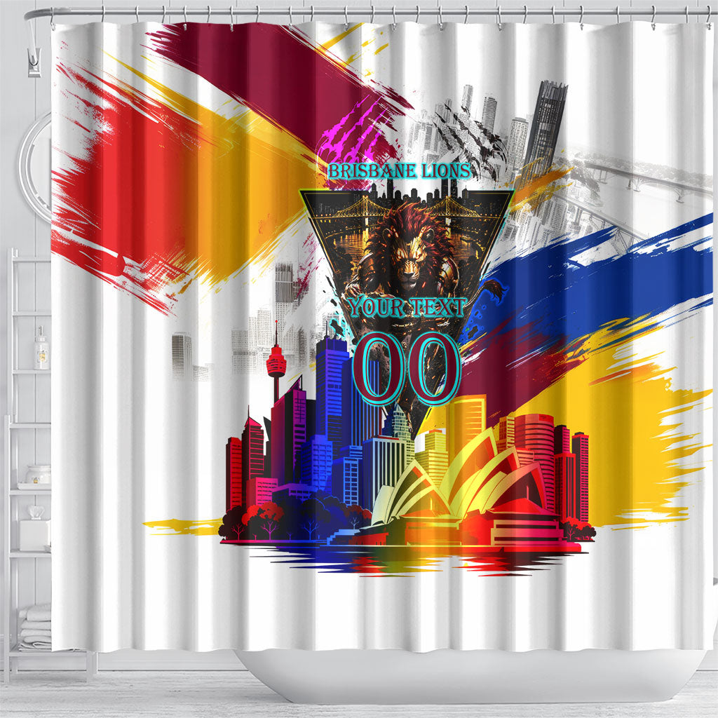 Personalised Brisbane Lions Football Shower Curtain Australia City Skyline Graphic Fierce Mascot Art