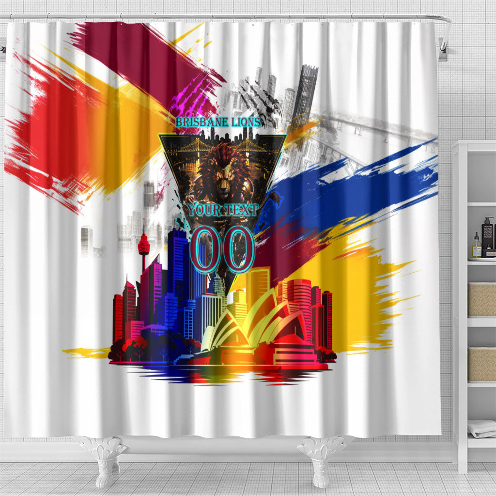 Personalised Brisbane Lions Football Shower Curtain Australia City Skyline Graphic Fierce Mascot Art