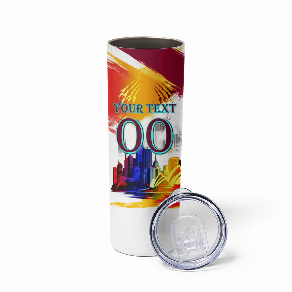 Personalised Brisbane Lions Football Skinny Tumbler Australia City Skyline Graphic Fierce Mascot Art