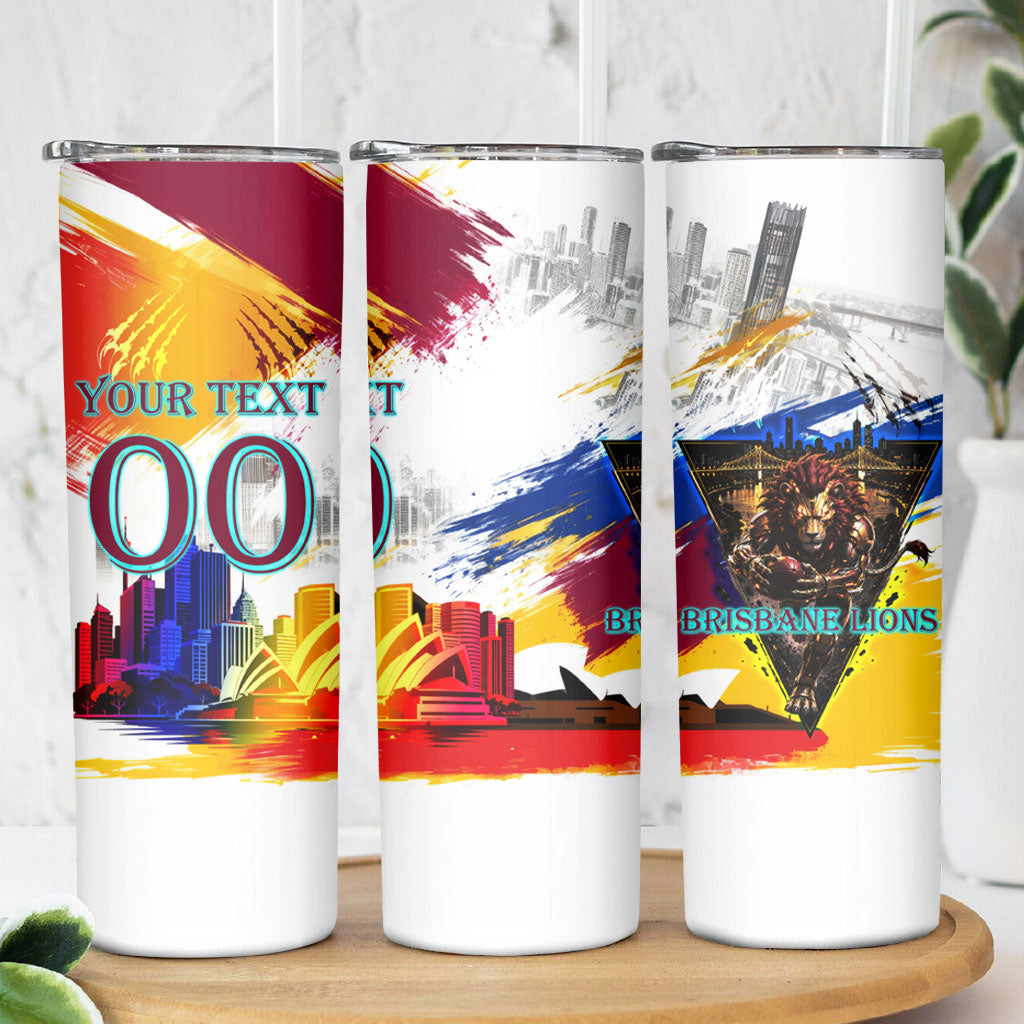 Personalised Brisbane Lions Football Skinny Tumbler Australia City Skyline Graphic Fierce Mascot Art