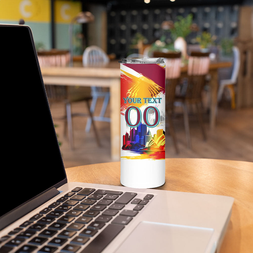 Personalised Brisbane Lions Football Skinny Tumbler Australia City Skyline Graphic Fierce Mascot Art