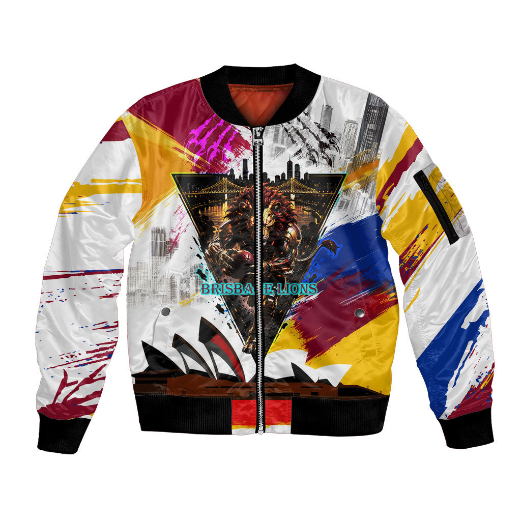 Personalised Brisbane Lions Football Sleeve Zip Bomber Jacket Australia City Skyline Graphic Fierce Mascot Art
