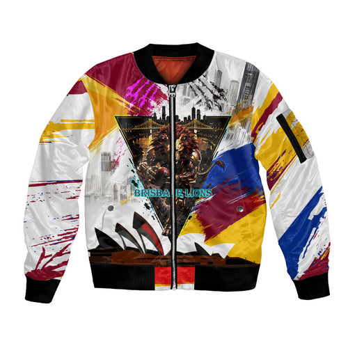 Personalised Brisbane Lions Football Sleeve Zip Bomber Jacket Australia City Skyline Graphic Fierce Mascot Art