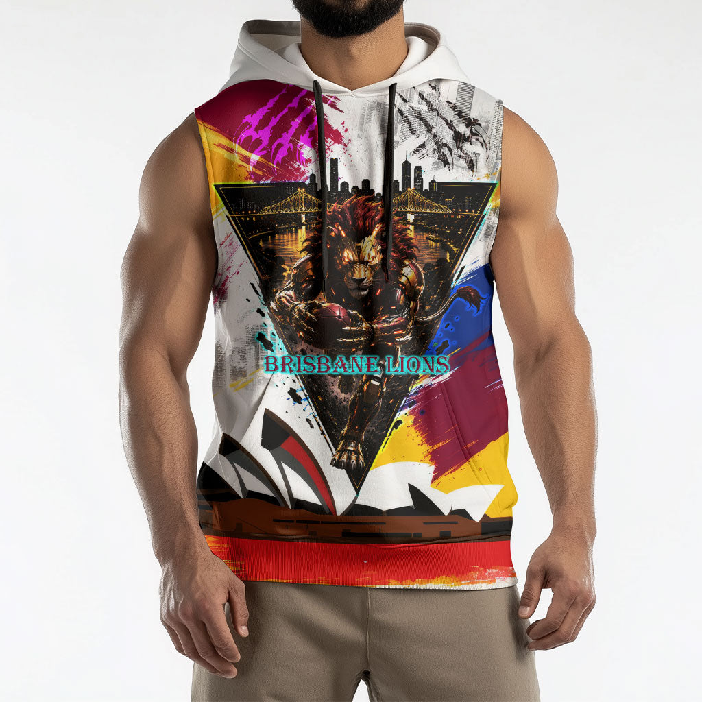 Personalised Brisbane Lions Football Sleeveless Hoodie Australia City Skyline Graphic Fierce Mascot Art