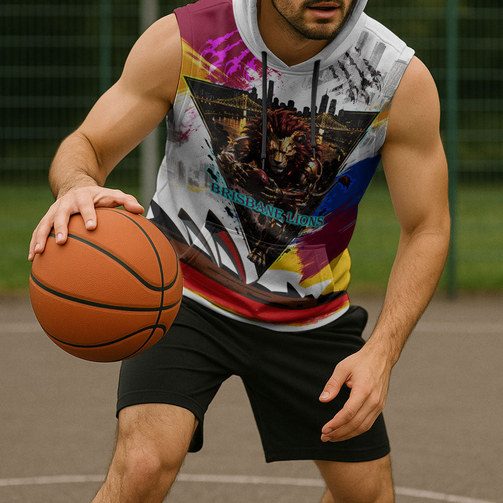 Personalised Brisbane Lions Football Sleeveless Hoodie Australia City Skyline Graphic Fierce Mascot Art