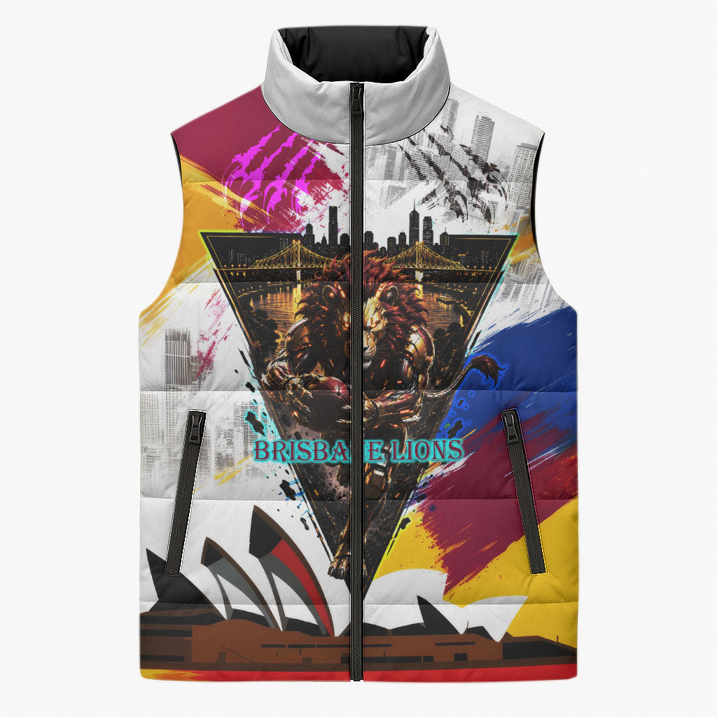 Personalised Brisbane Lions Football Sleeveless Puffer Jacket Australia City Skyline Graphic Fierce Mascot Art