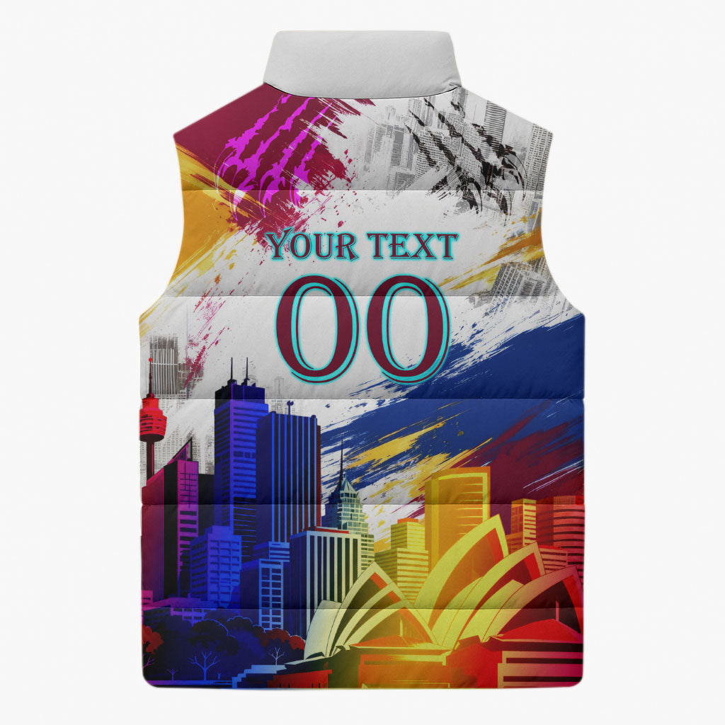 Personalised Brisbane Lions Football Sleeveless Puffer Jacket Australia City Skyline Graphic Fierce Mascot Art