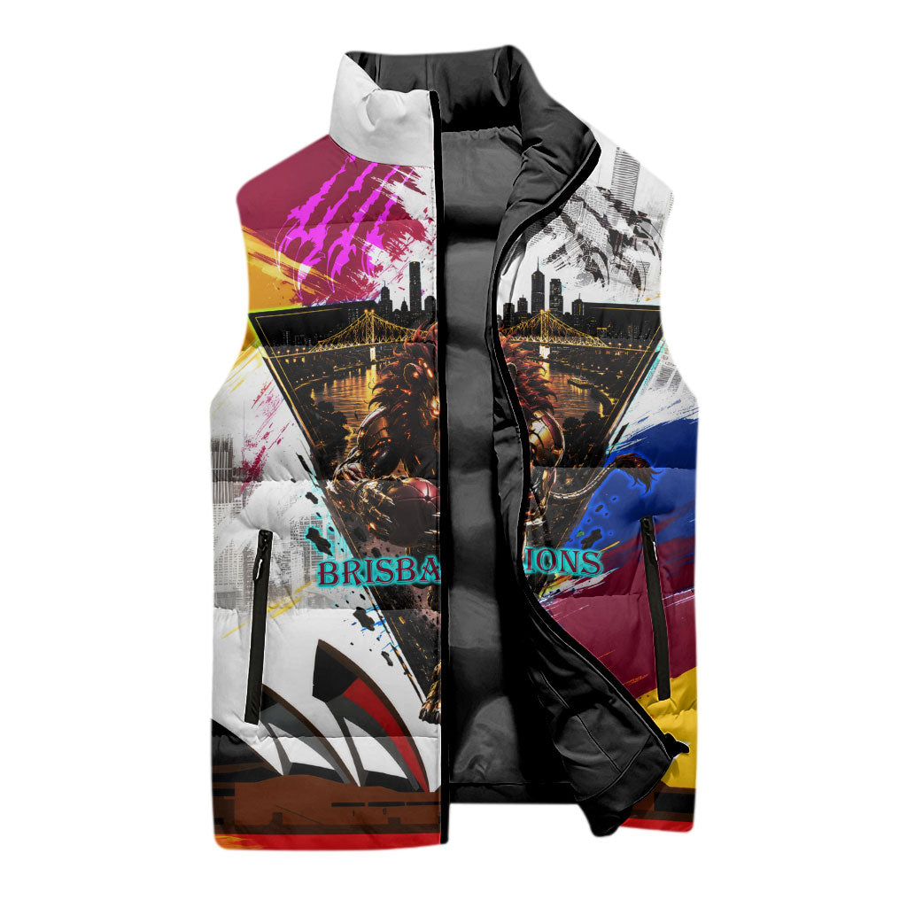 Personalised Brisbane Lions Football Sleeveless Puffer Jacket Australia City Skyline Graphic Fierce Mascot Art