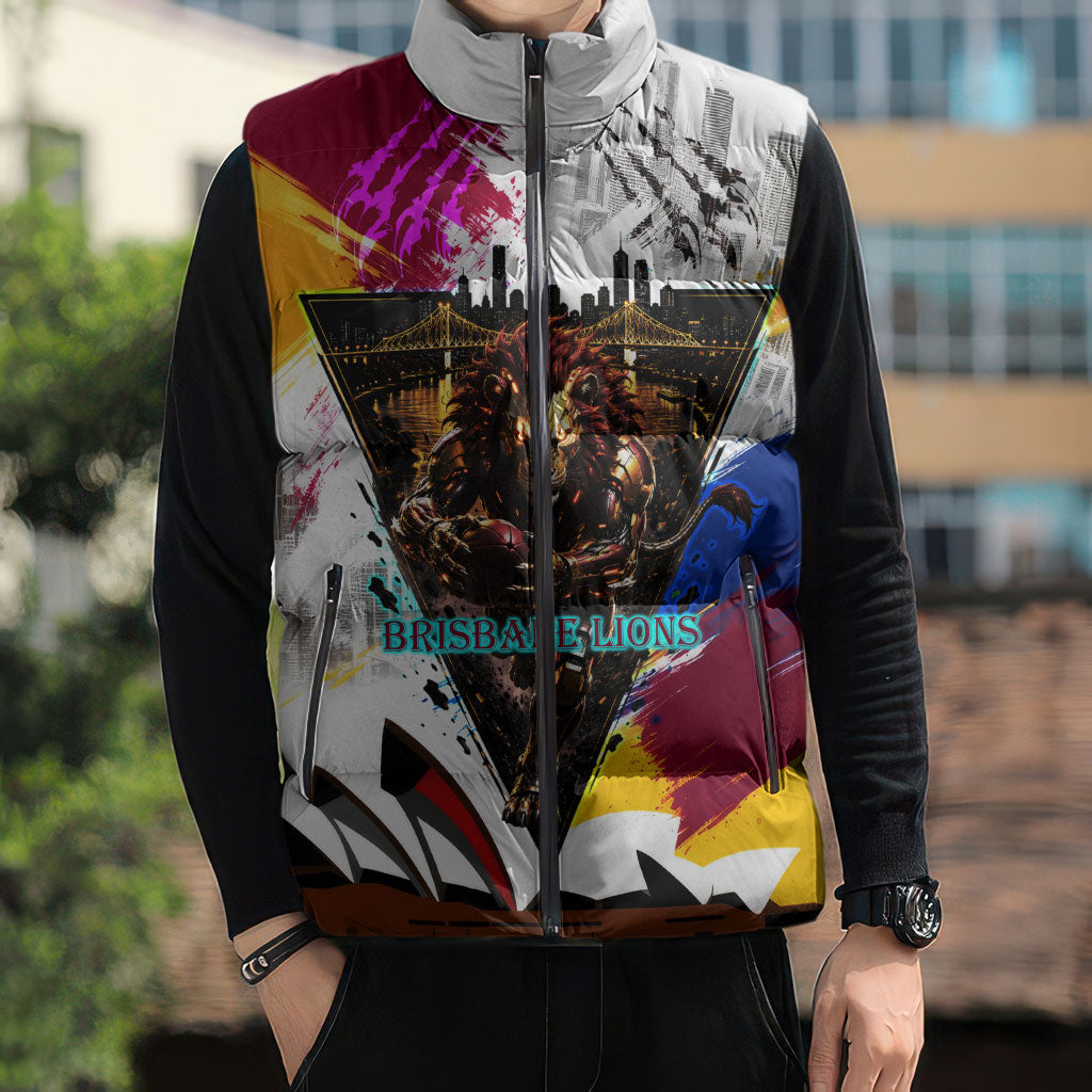 Personalised Brisbane Lions Football Sleeveless Puffer Jacket Australia City Skyline Graphic Fierce Mascot Art