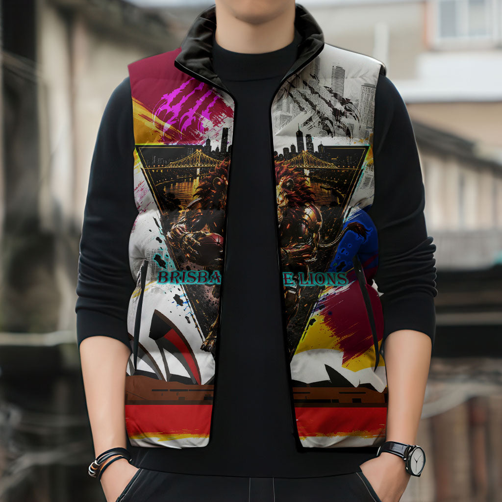 Personalised Brisbane Lions Football Sleeveless Puffer Jacket Australia City Skyline Graphic Fierce Mascot Art