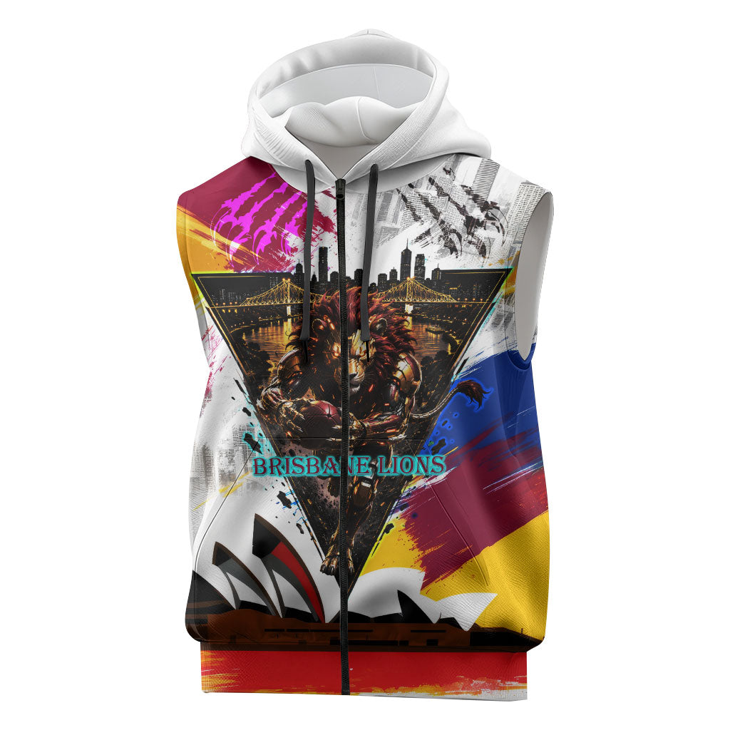 Personalised Brisbane Lions Football Sleeveless Zip Hoodie Australia City Skyline Graphic Fierce Mascot Art