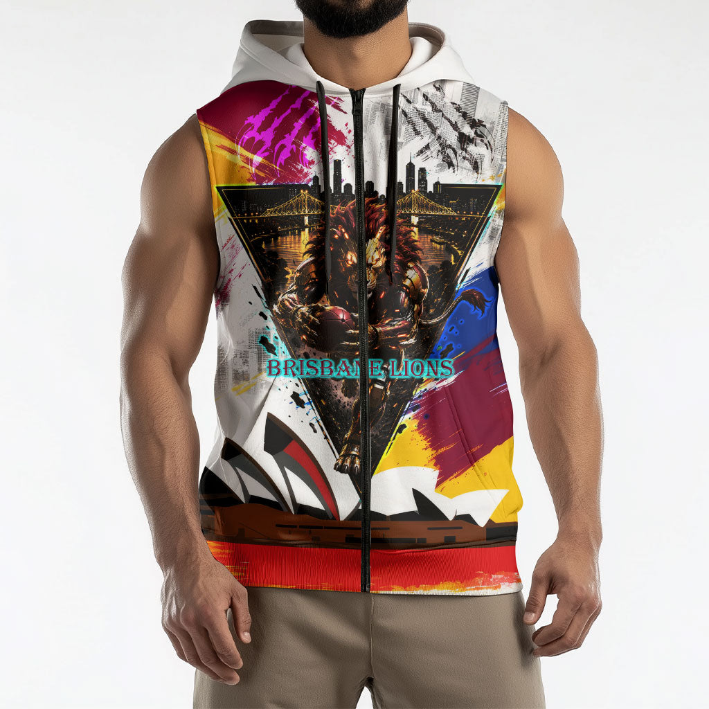 Personalised Brisbane Lions Football Sleeveless Zip Hoodie Australia City Skyline Graphic Fierce Mascot Art