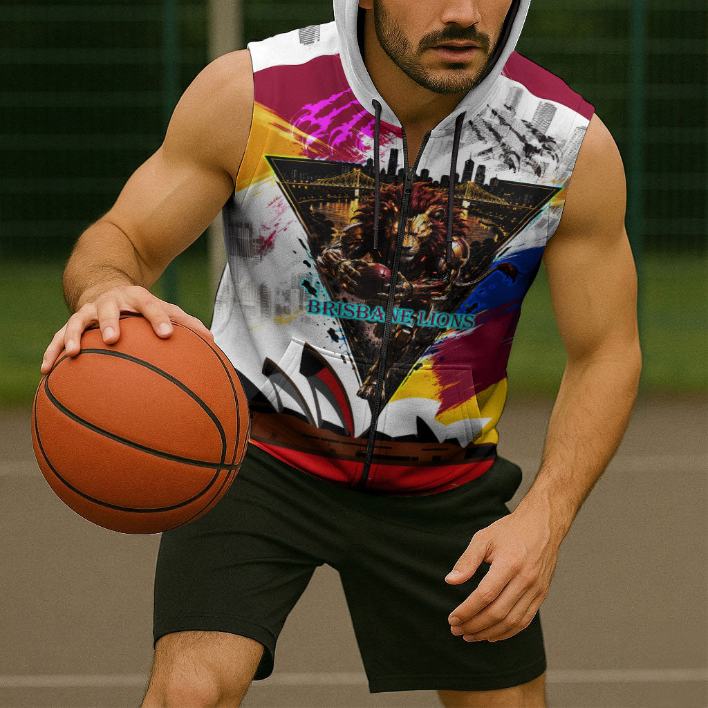 Personalised Brisbane Lions Football Sleeveless Zip Hoodie Australia City Skyline Graphic Fierce Mascot Art