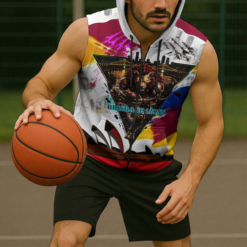 Personalised Brisbane Lions Football Sleeveless Zip Hoodie Australia City Skyline Graphic Fierce Mascot Art