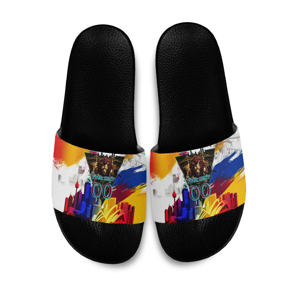Personalised Brisbane Lions Football Slide Sandals Australia City Skyline Graphic Fierce Mascot Art