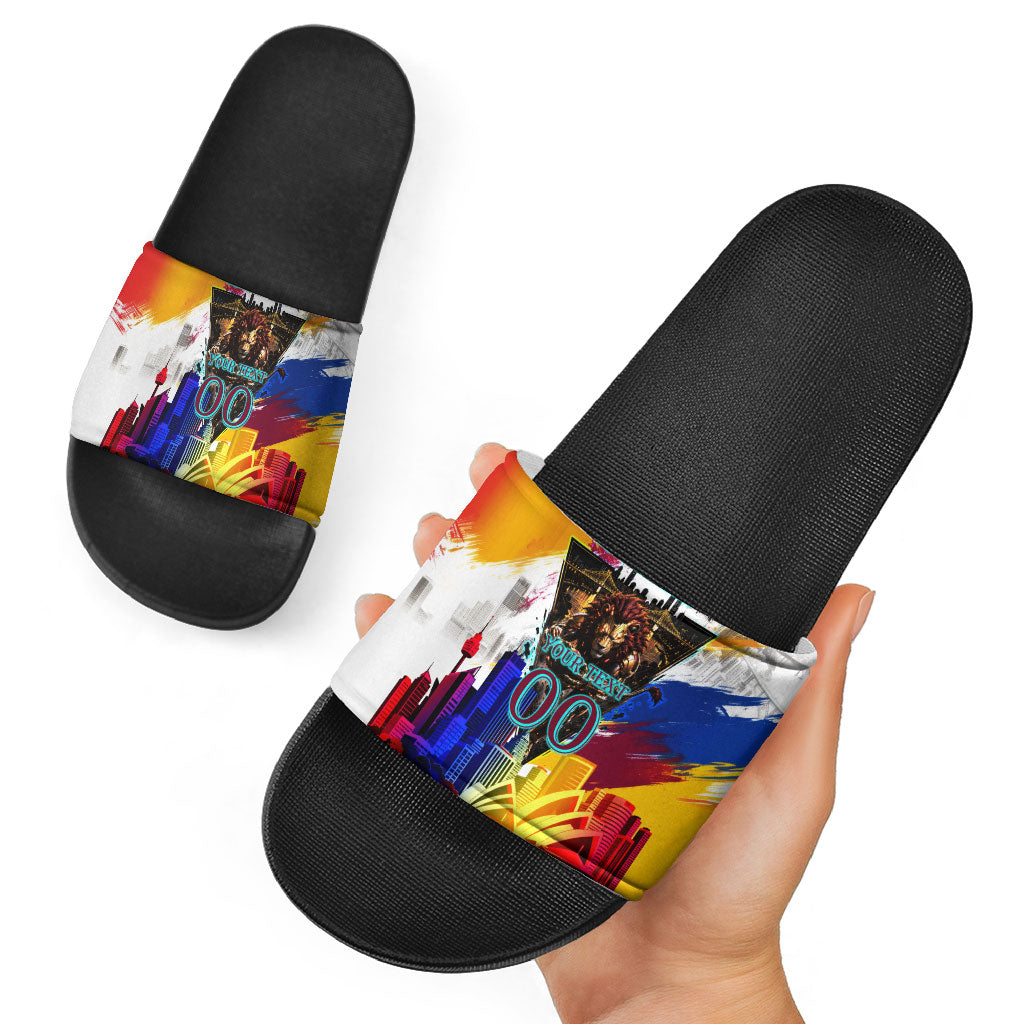 Personalised Brisbane Lions Football Slide Sandals Australia City Skyline Graphic Fierce Mascot Art
