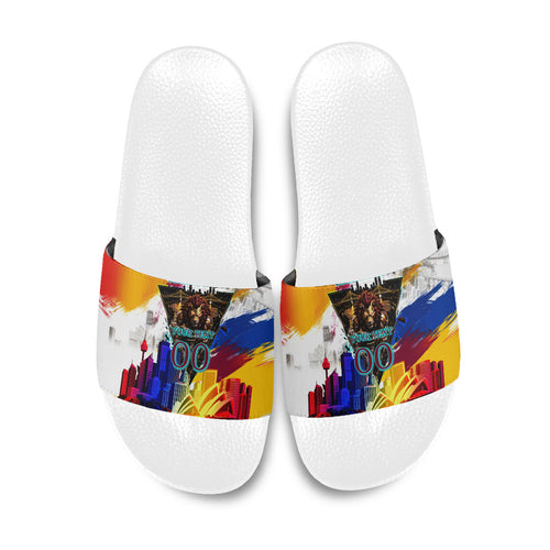 Personalised Brisbane Lions Football Slide Sandals Australia City Skyline Graphic Fierce Mascot Art