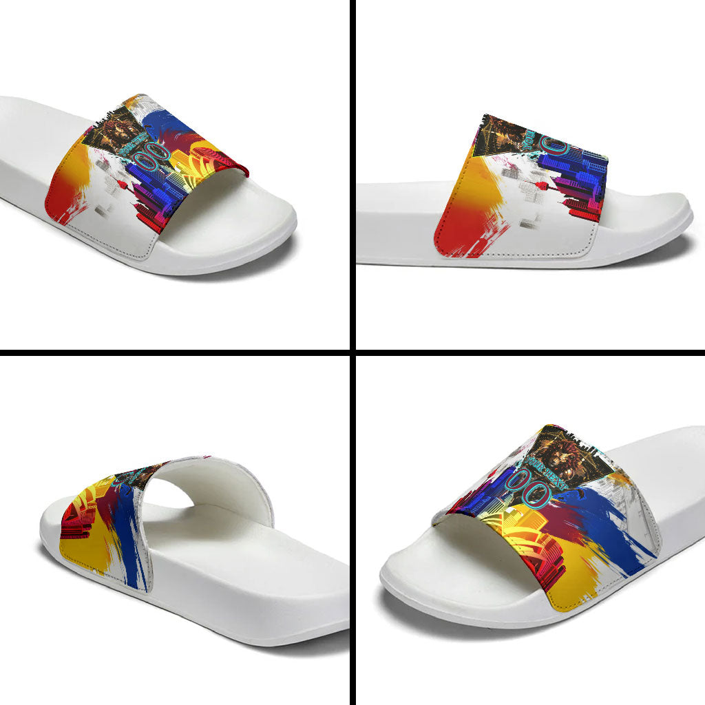 Personalised Brisbane Lions Football Slide Sandals Australia City Skyline Graphic Fierce Mascot Art