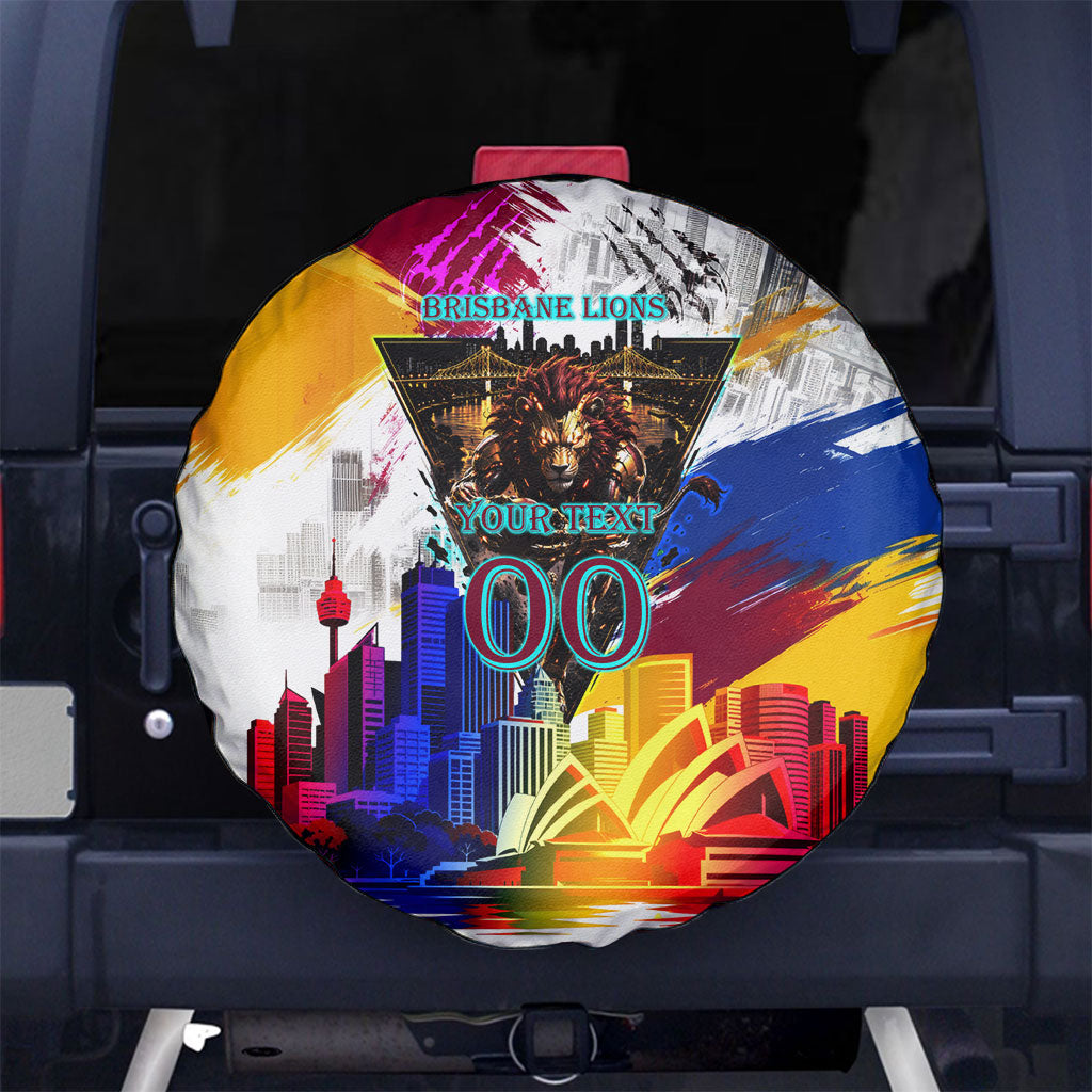 Personalised Brisbane Lions Football Spare Tire Cover Australia City Skyline Graphic Fierce Mascot Art