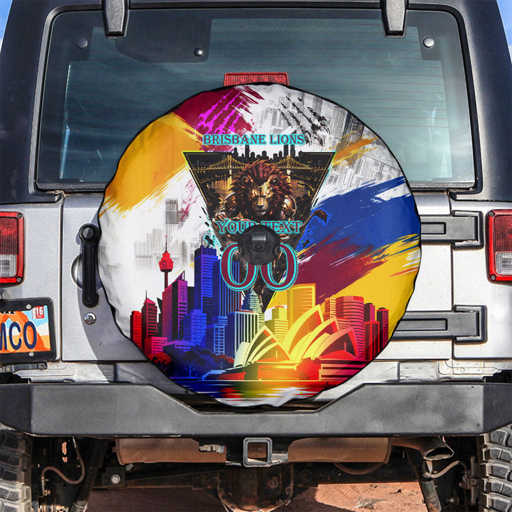 Personalised Brisbane Lions Football Spare Tire Cover Australia City Skyline Graphic Fierce Mascot Art