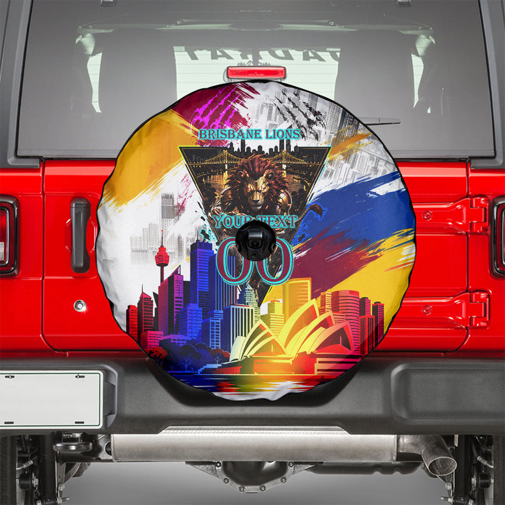 Personalised Brisbane Lions Football Spare Tire Cover Australia City Skyline Graphic Fierce Mascot Art