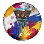 Personalised Brisbane Lions Football Spare Tire Cover Australia City Skyline Graphic Fierce Mascot Art