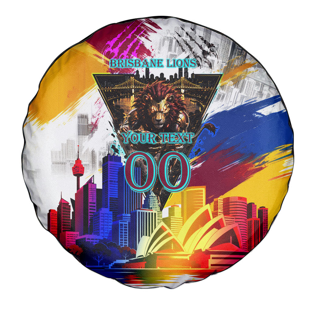 Personalised Brisbane Lions Football Spare Tire Cover Australia City Skyline Graphic Fierce Mascot Art