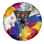 Personalised Brisbane Lions Football Spare Tire Cover Australia City Skyline Graphic Fierce Mascot Art