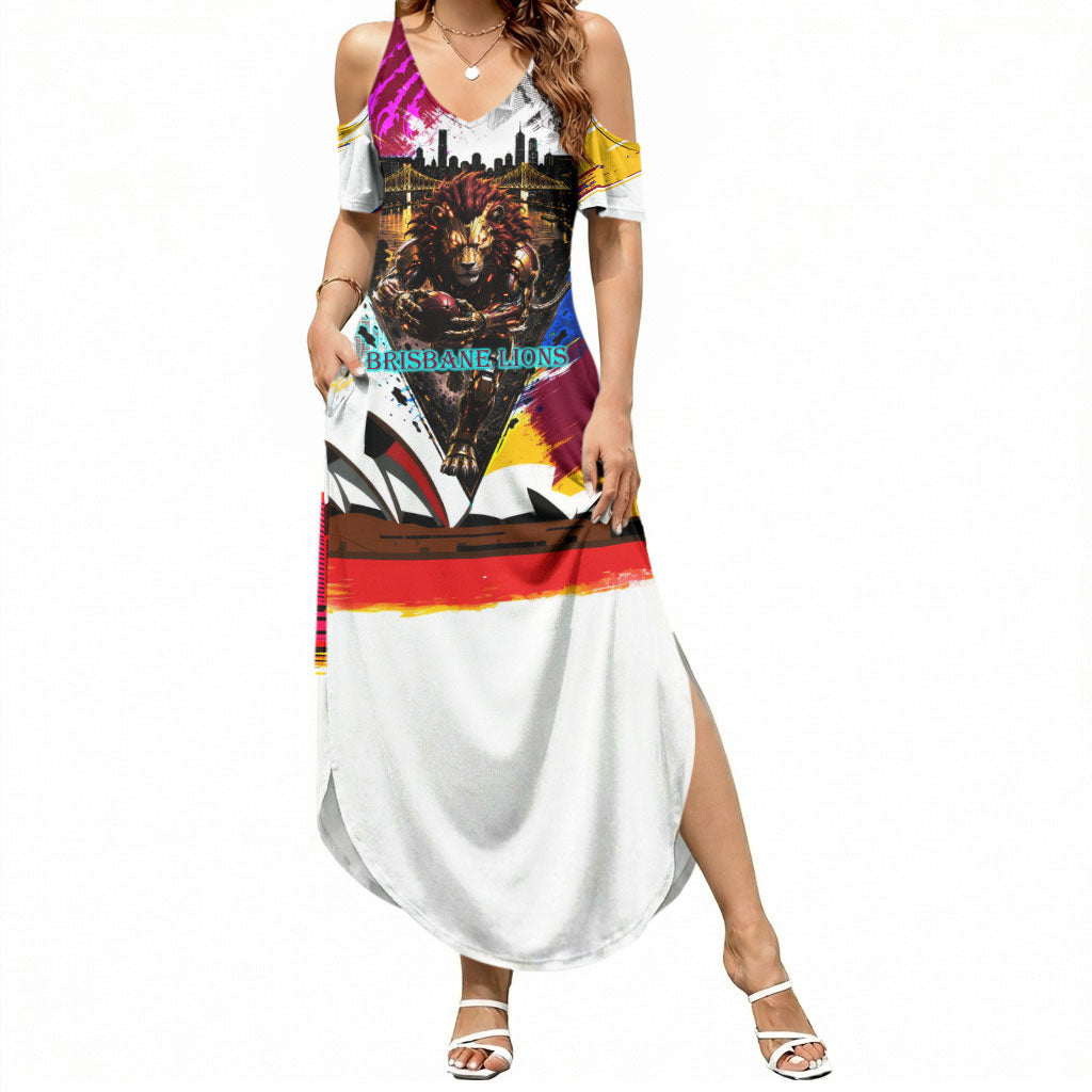 Personalised Brisbane Lions Football Summer Maxi Dress Australia City Skyline Graphic Fierce Mascot Art