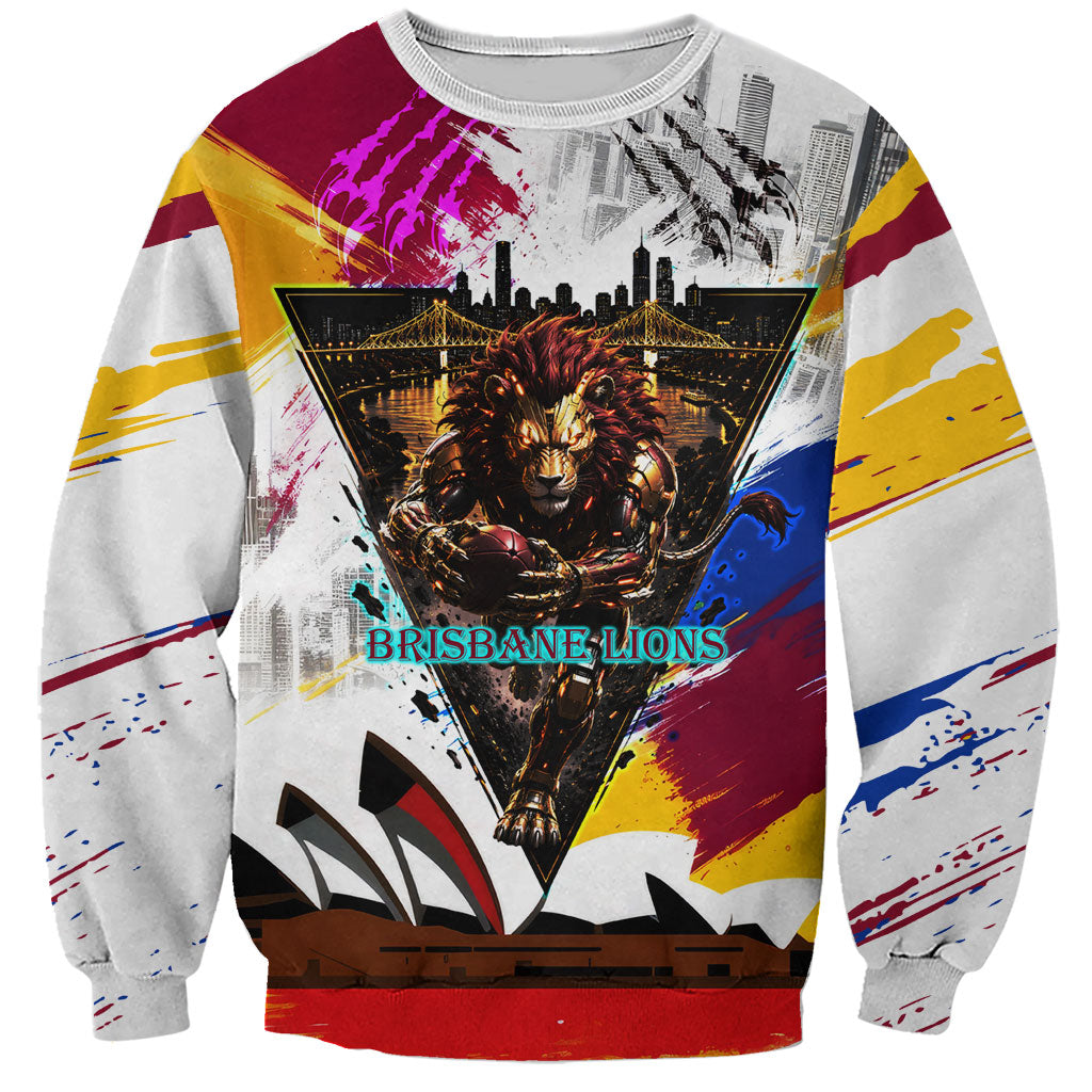 Personalised Brisbane Lions Football Sweatshirt Australia City Skyline Graphic Fierce Mascot Art