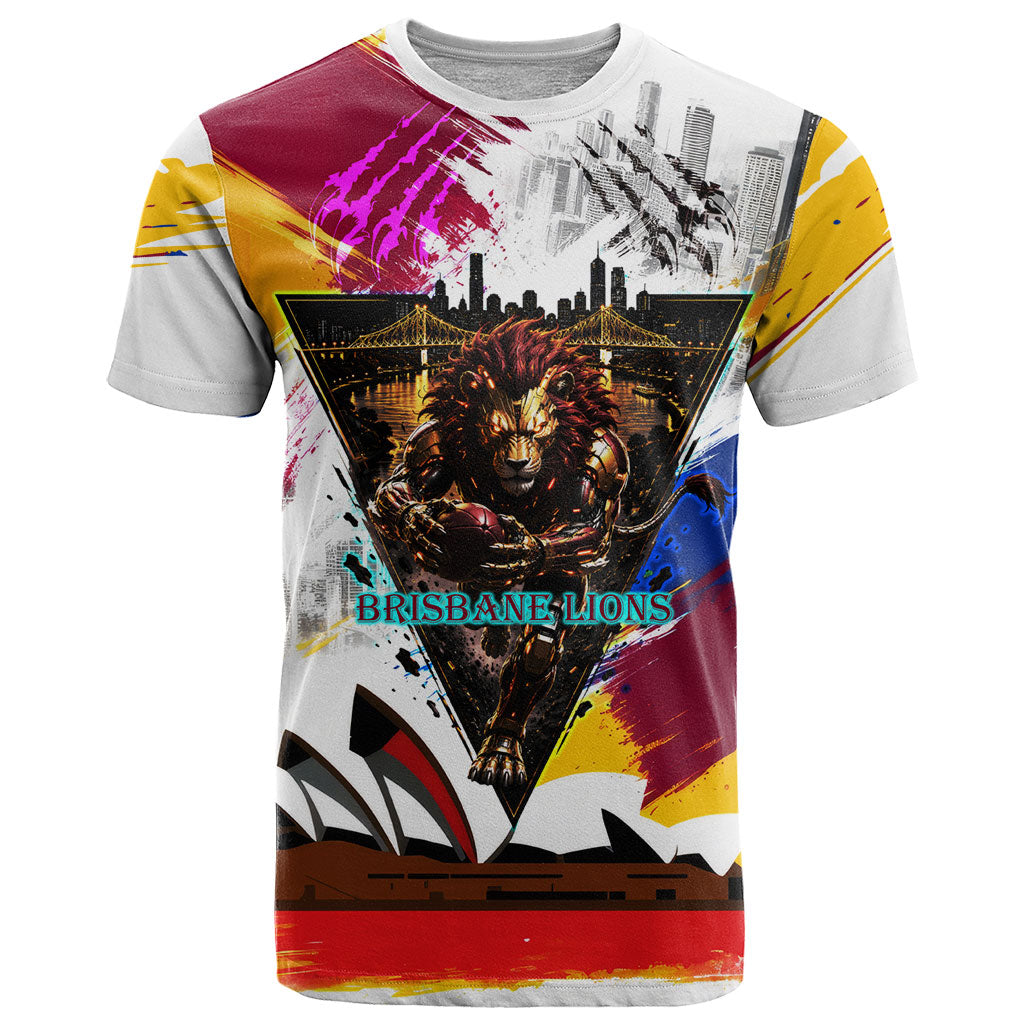 Personalised Brisbane Lions Football T Shirt Australia City Skyline Graphic Fierce Mascot Art