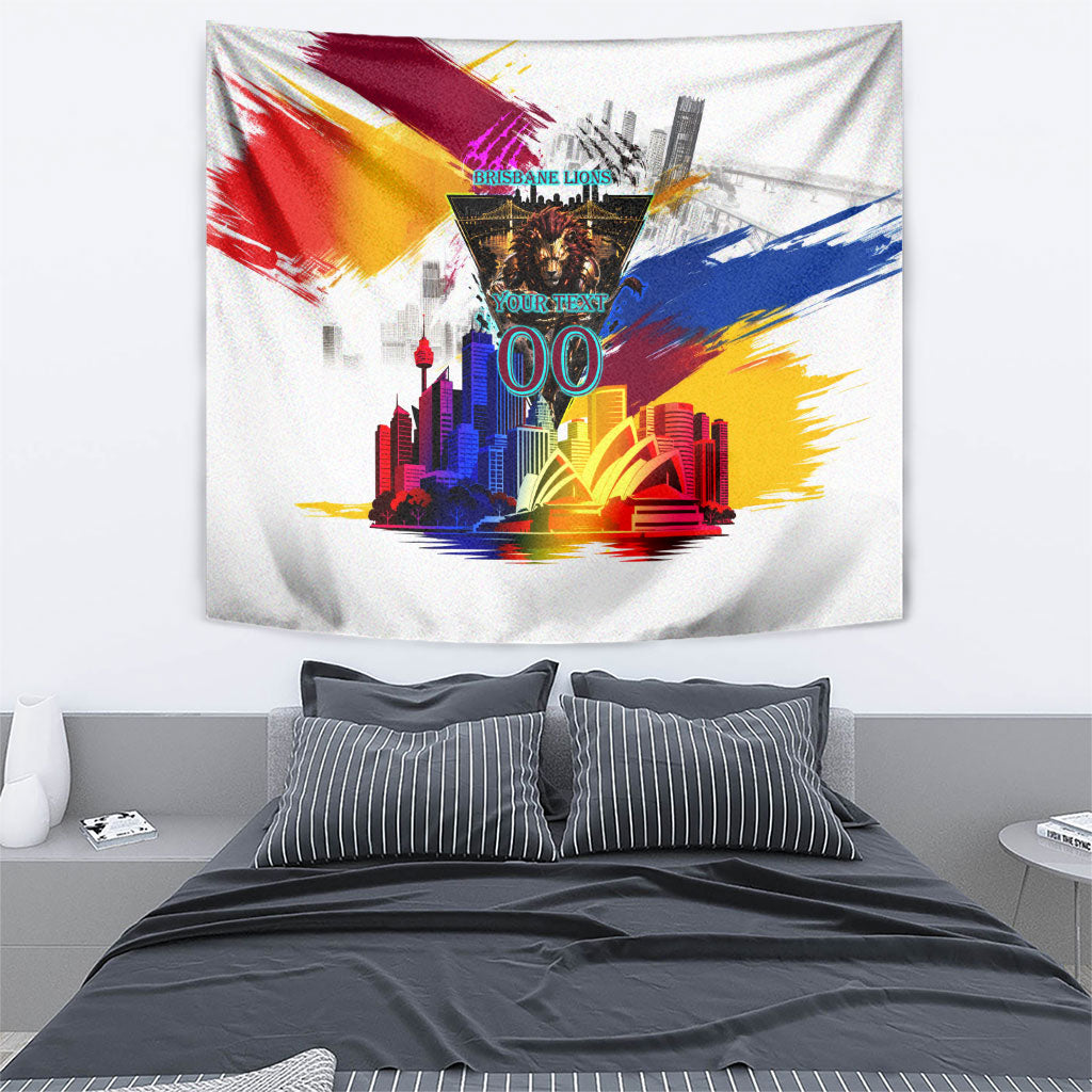 Personalised Brisbane Lions Football Tapestry Australia City Skyline Graphic Fierce Mascot Art